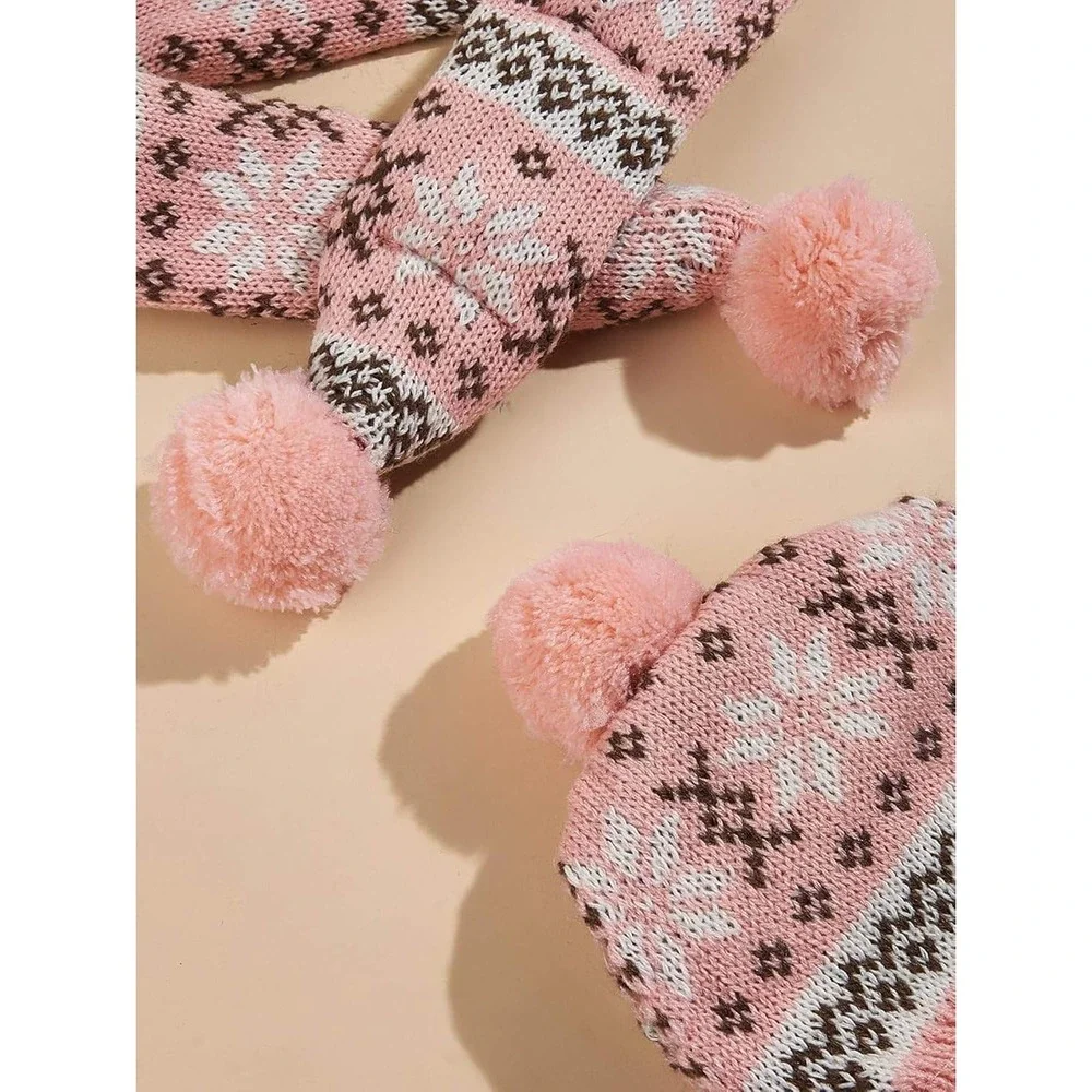 Pink Fair‎ Isle Knit Dog Hat and Scarf Set with Pom Poms Small Medium Pet Winter